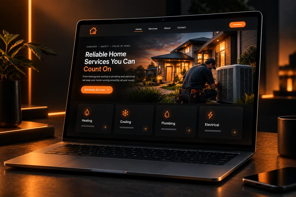 Premium 3D website design mockup for an HVAC and home services company, shown open on a laptop